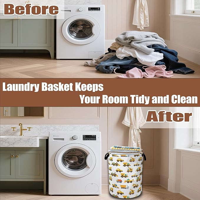 Construction Machines Laundry Hamper,Tractor Laundry Baskets,Waterproof Oxford Cloth Toy Storage for Bedroom,Bathroom,Nursery,16x20.8 Inch