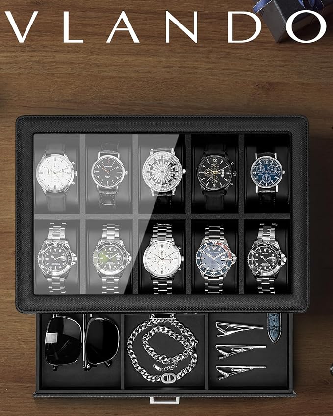 Vlando Watch Box 10 Slots, Lockable Watch Case with Textured Leather, 2 Layer Watch Holder for Rings, Glasses, Mens Jewelry Box with Glass Lid, Removable Divider, Gifts for Father, Husband, Black