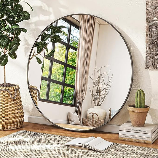 Black Round Mirror, 30 Inch Circle Bathroom Mirror with Metal Frame, Wall-Mounted for Entryway, Bathroom, Vanity, Living Room