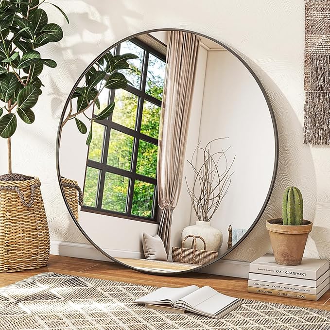 Black Round Mirror, 48 Inch Circle Bathroom Mirror with Metal Frame, Wall-Mounted for Entryway, Bathroom, Vanity, Living Room