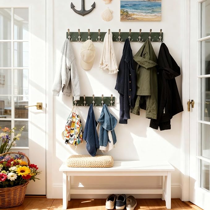 SKOLOO Creations Forest Green Solid Wood Wall Mounted Coat Rack, 5 Hooks, 16-7/8" Long - Kitchen, Mudroom, Entryway, Bathroom - Includes Mounting Hardware, Wall Coat Hanger, Towel Rack