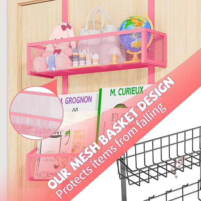 Over The Door Hooks Organizer, Coat Rack Over The Door Storage Hanger Towel Rack, Back of Door Storage Organizer for Bathroom,Bedroom,Kitchen,Office (Pink, 3-Tier)