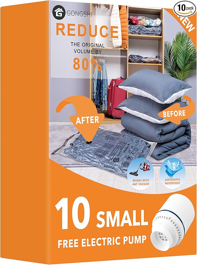 10 Small Vacuum Storage Bags with Electric Pump,Plastic Packaging Bags, Space Saver Bag for Clothes, Mattress, Blanket, Duvets, Pillows, Comforters, Travel