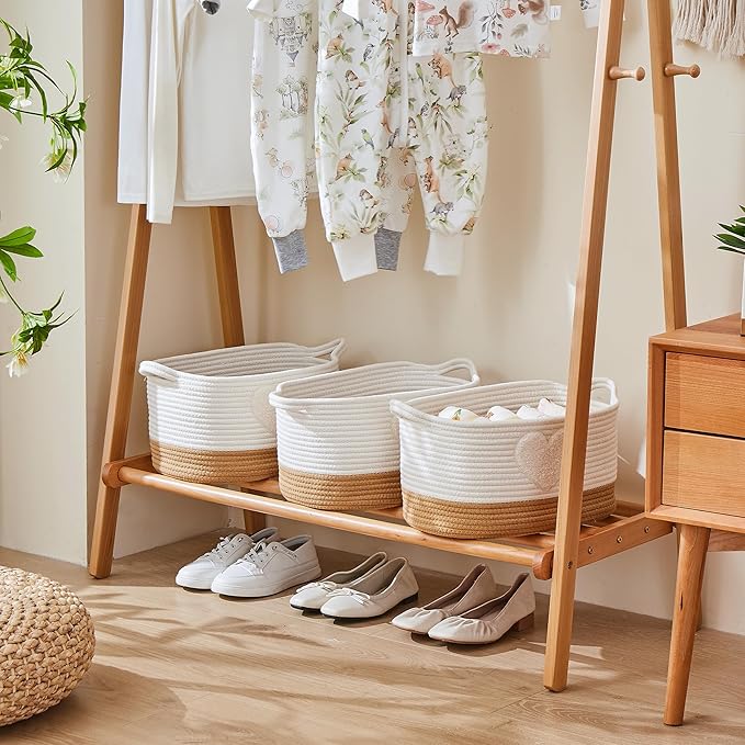 Storage Bins Woven Baskets for Storage Set of 3, Cotton Rope Basket with Handles for Toys/Shelves/Laundry, Rectangle Multi-Purpose Organizer for Living Room, Bedroom, Nursery (Heart)