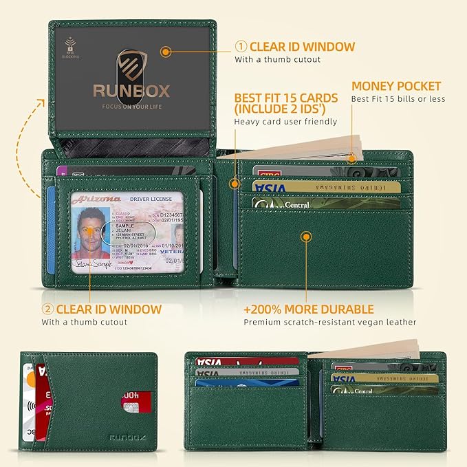 RUNBOX Wallet for Men Slim Rfid Leather 2 ID Window With Gift Box | Slim, Rfid, 2 ID Window, With Gift Box, Slim, Rfid