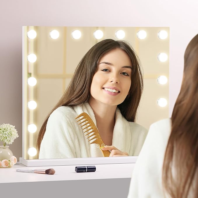 Vanity Mirror with Lights,Makeup Mirror with 17 Dimmable LED Bulbs, 3 Color Lighting Modes Detachable 10X Magnification Mirror Touch Control, 23.6X19,7 inch, White