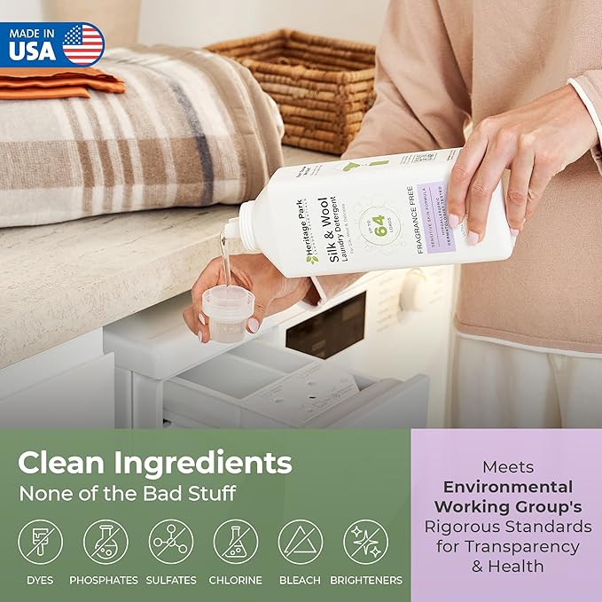 Heritage Park Silk & Wool Fragrance Free, Hypoallergenic, pH-Neutral Laundry Detergent – Dermatologist-tested, Sensitive Skin-Friendly, Enzyme-Free, Concentrated Up to 64 loads (32 fl oz)