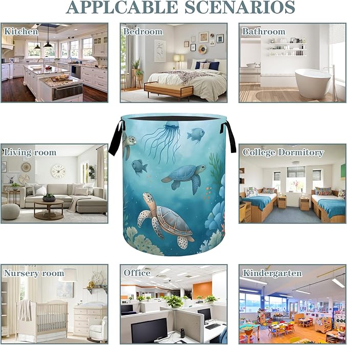 Sea Turtle Ocean Animal Coral Laundry Basket, Dirty Collapsible Clothes Toy Organizer Hamper for Kids Adults, Oxford Cloth Waterproof Storage Bin for Bathroom Coastal Decor Gifts, 19.7"X15.7"