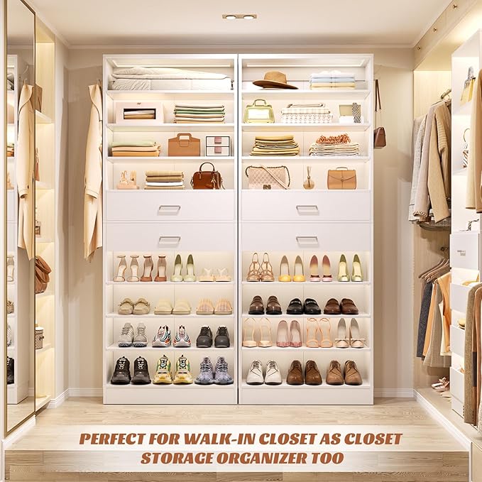 Aheaplus Tall Shoe Cabinet, 10 Tiers Wood Shoe Rack, Vertical Shoe Storage Organizer with 2 Drawers, Narrow Shoe Shelf Tower for 24-28 Pairs, Space Saving, for Closet, Entryway, Bedroom, White