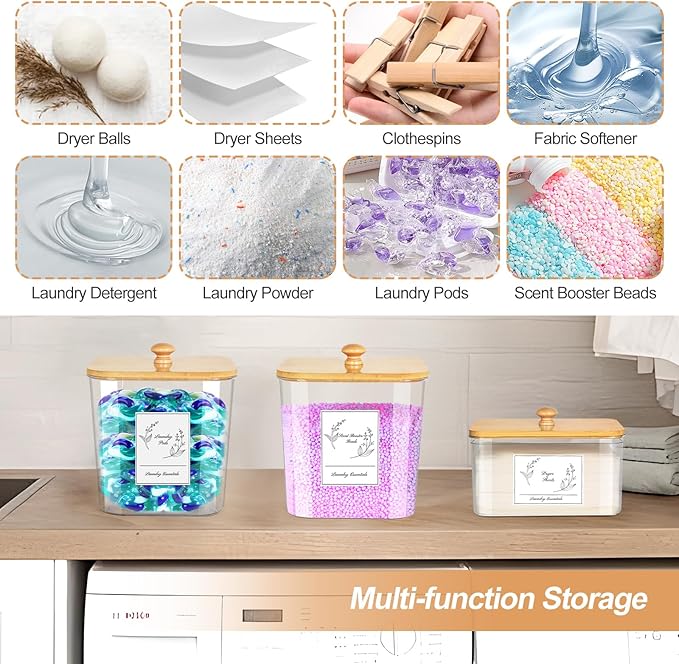 3 Pack Plastic Laundry Pods Container & Dryer Sheet Holder, Laundry Room Organization and Storage Jars with Lids, Scoops & Labels for Detergent, Powder, Scent Booster