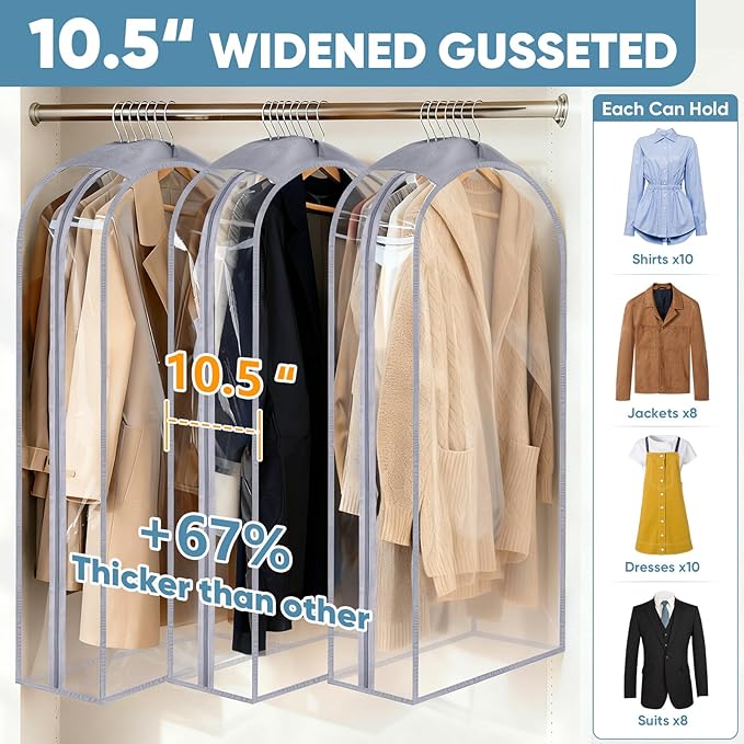 BALEINE 40'' Clear Garment Bags for Hanging Clothes, 10.5'' Wide PEVA Suit Bag for Closet Clothes Dresses Coat (Clear, 9PK)