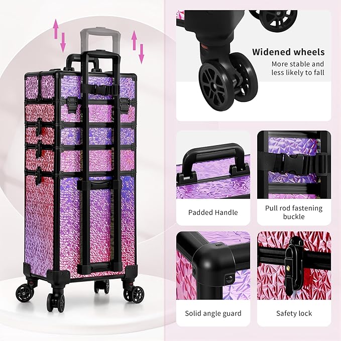 Profesional Rolling Makeup Train Case with Lid, 5 in 1 Cosmetology Case on Wheels, Large Cosmetic Trolley Organizer Travel for Hairstylist Artist Nail Beauty Salon Barber, Gravel Pink