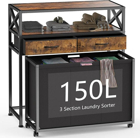 Laundry Hamper 3 Section, 150L Rolling Laundry Sorter Basket with 2 Shelves and 2 Drawers, 3 Compartment Clothes Organizer Cart with Wheels, Pull-Out Bags for Laundry Room, Bathroom, Bedroom