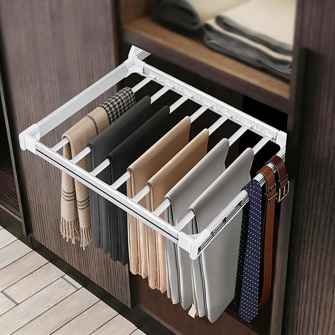 11 Arms Slide Out Pants Rack Closet Pants Hanger Bar Pull Out Trousers Rack Tie Belts Scarf Racks, Top Mounted Wardrobe Clothes Organizers Rail Pull Out Closet Storage Rod-Silver White