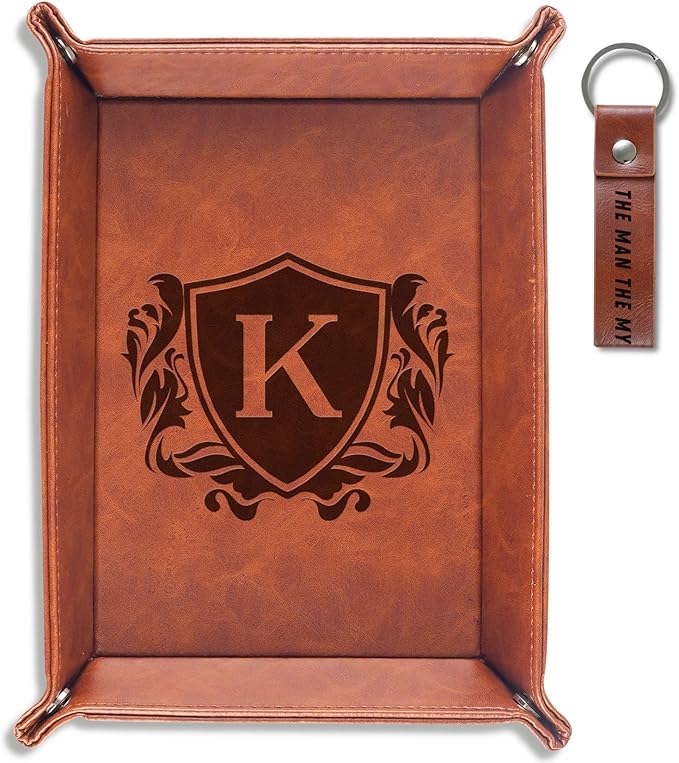 INNObeta Initial Valet Tray, Desktop Storage Organizer, PU Leather Bedside Tray Key Coin Holder, Personalised Gifts for Men, Birthday, Christmas, Letter K