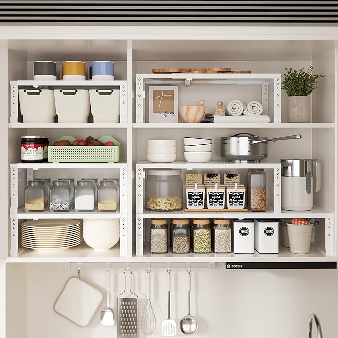 Expandable Spice Rack & Kitchen Cabinet Organizer - Stackable, Adjustable Shelves for Cabinets, Countertops, Cupboards & Pantries(2 Packs/Large/White)
