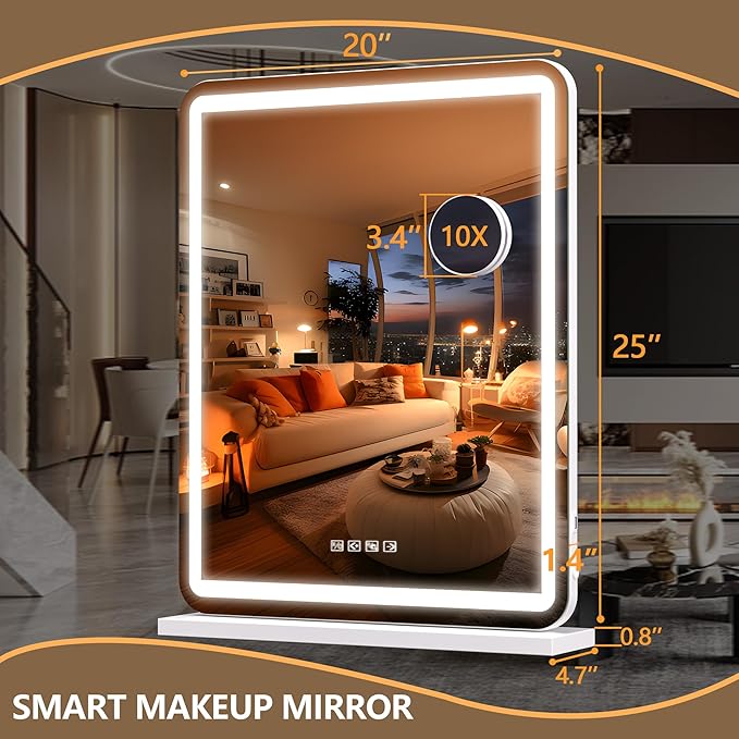 Hasipu Vanity Mirror with Lights and Bluetooth Speaker, 20" x 25" LED Makeup Mirror, Light up Mirror with 10X Magnification and USB Charging Port, Smart Touch 3 Colors Dimmable (White)