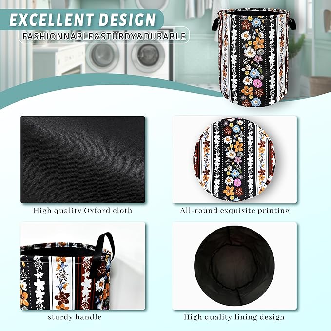 Boho Flowers Laundry Basket Foldable With Handles Universal Tote Bag Oxford Cloth Colorful Laundry Hamper 18.9" x 16.5" Clothes Storage Bucket Toy Organizer For Bathroom/Laundry/Bedroom