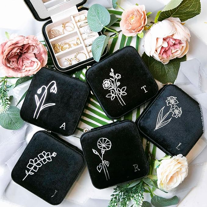 Customizable Compact Velvet Jewelry Box with Mirror, Travel Jewelry Case, Travel Jewelry Organizer, Jewelry Box for Women and Girls, Small Jewelry Organizer (Flower Design, Black)