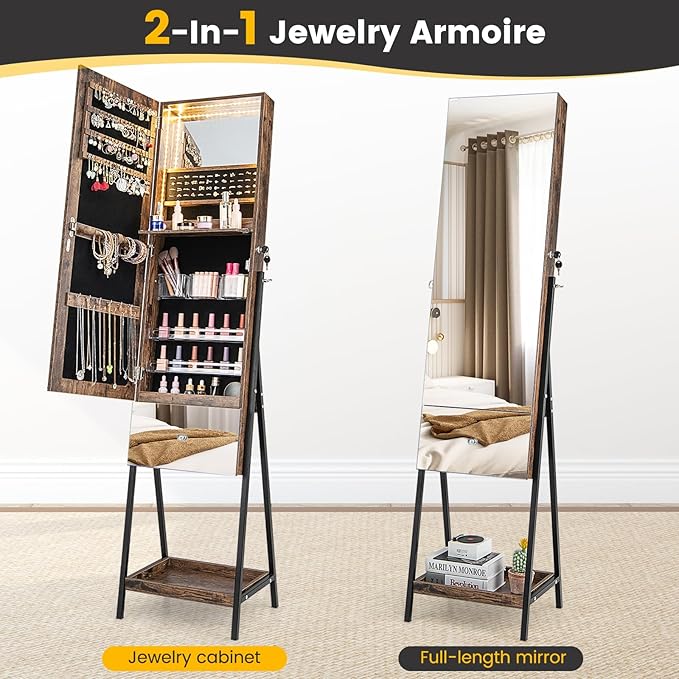 CHARMAID Jewelry Cabinet Armoire with Full Length Mirror, 3-Color Light Strips, Mirrored Tilt out Drawer, Lockable Standing Jewelry Organizer with Storage Shelves, Metal Stand (Rustic Brown)