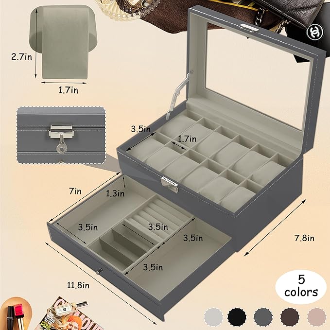 Ogrmar 12 Slot PU Leather Lockable Watch Storage Boxes, Men & Women Jewelry Display Drawer Case, 2-tier Organizer Watch Showcase with Glass Lid (Grey)