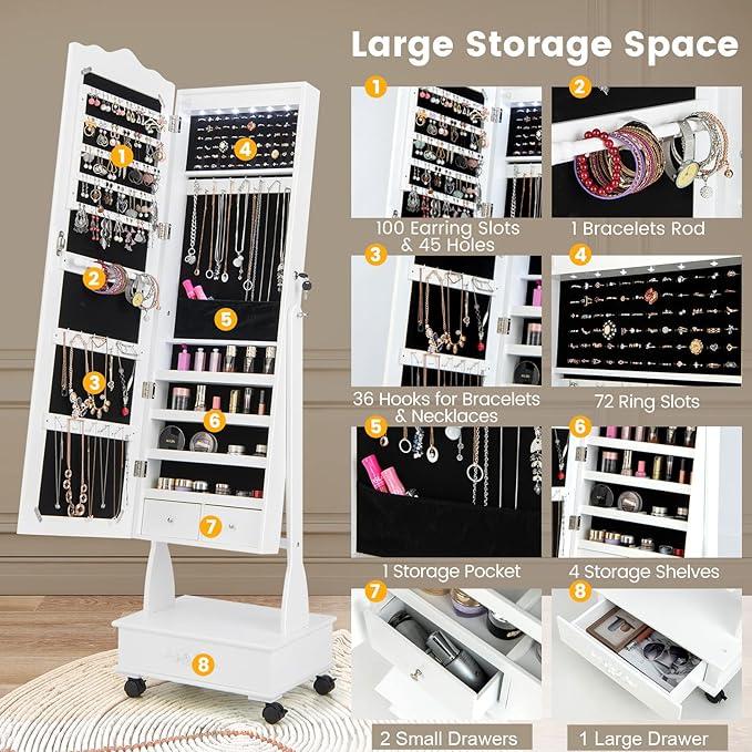 CHARMAID Rolling Jewelry Armoire with Full Length Mirror, Lockable Stand up Jewelry Cabinet with Lights and Wheels, Standing Jewelry Organizer with Drawers, Mirror with Jewelry Storage (White)