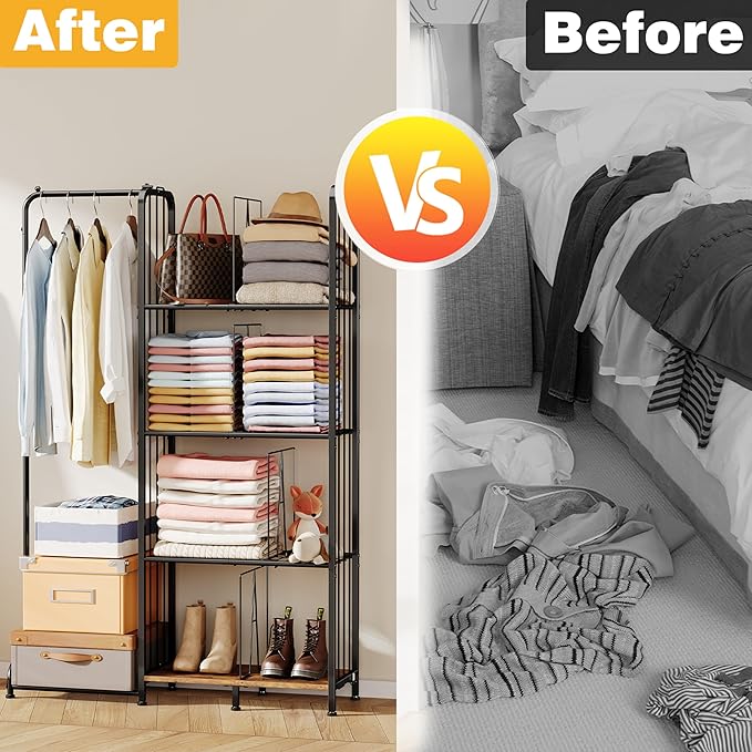 4 Tier Hanging Closet Organizer Separable Hanging Closet Shelves with 4 Adjustable Dividers Freestanding Wardrobe Closet Organizer for Clothing Sweaters Shoes Handbags Clutches Accessories