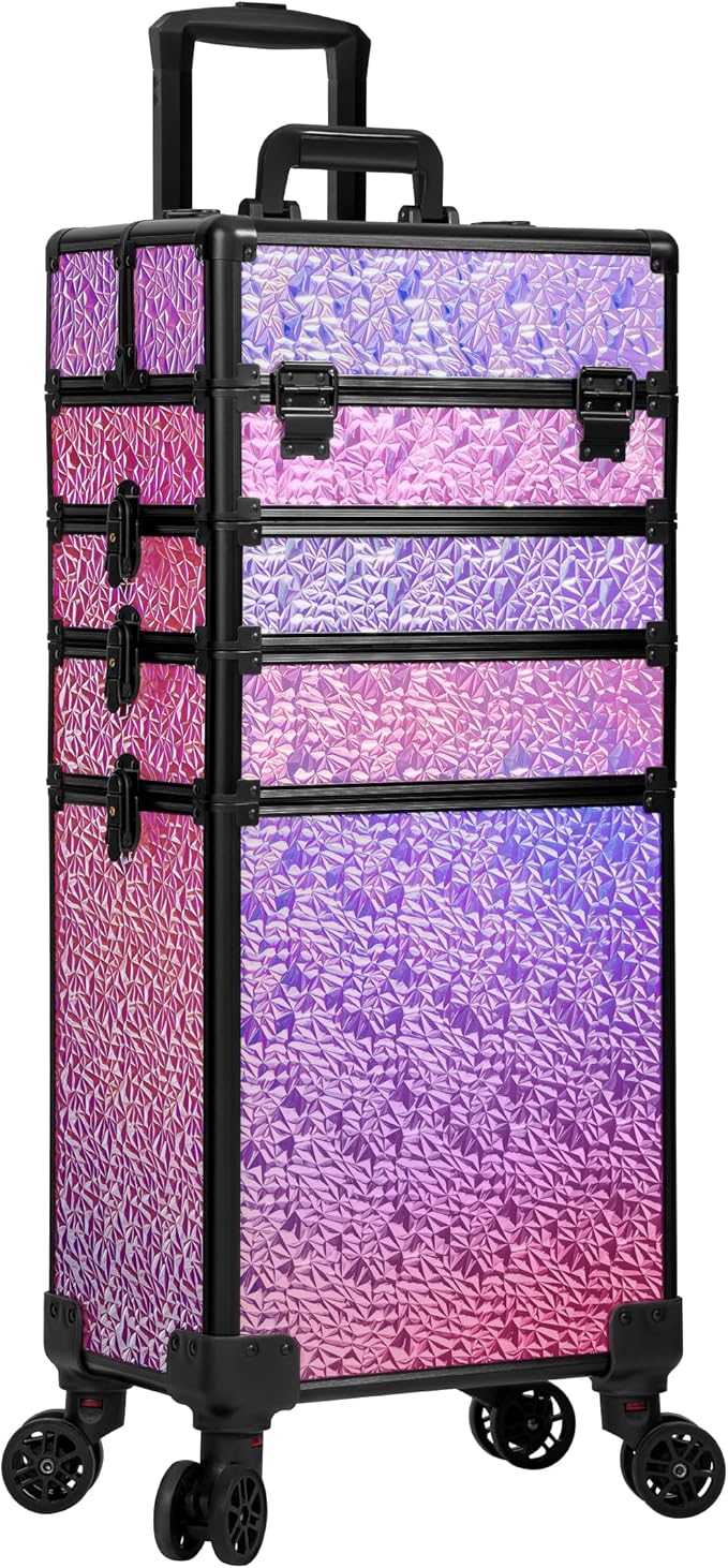Profesional Rolling Makeup Train Case with Lid, 5 in 1 Cosmetology Case on Wheels, Large Cosmetic Trolley Organizer Travel for Hairstylist Artist Nail Beauty Salon Barber, Gravel Pink