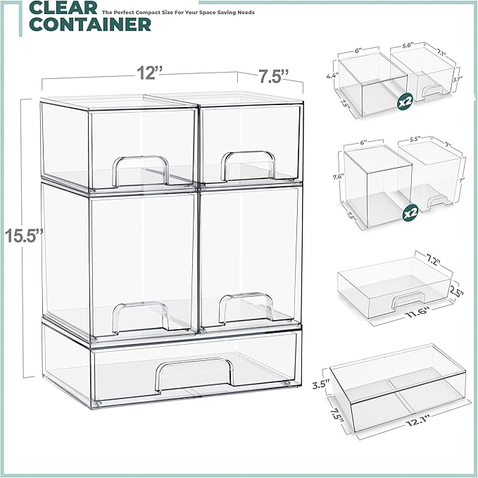Sorbus Stackable Acrylic Storage Drawers – 2 Small + 2 Tall + 1 Wide – 5 Pack Clear Plastic Organizer Bins for Baby Bottles, Makeup, Bathroom & Vanity, Pull-Out Drawer Design for Kitchen Cabinets