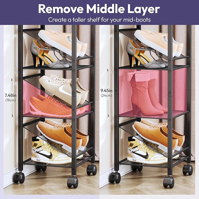 SWTYMIKI Rolling Vertical Shoe Rack - Shoe Tower with Drawer and Hooks, Shoe Storage Organizer for Entryway Closet Bedroom, Space-Saving Wood and Metal Narrow Shoe Shelf, Espresso