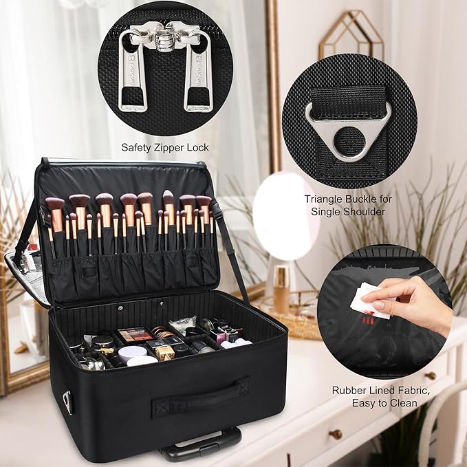 MONSTINA Rolling Makeup Train Case, Cosmetology Case on Wheels Makeup Artist Bag Hairstylist Cosmetic Bag with 4 Bags Extra Large Makeup Bag with Wheels Trolley Cosmetic Organizer Storage Case