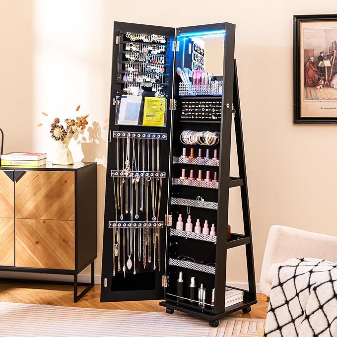 GOFLAME Jewelry Cabinet with Full Length Mirror, Lockable Jewelry Storage Organizer with Wheels, 3-Color LED Lights, Inner Mirror, Freestanding Jewelry Armoire with Rear Storage Shelves, Black