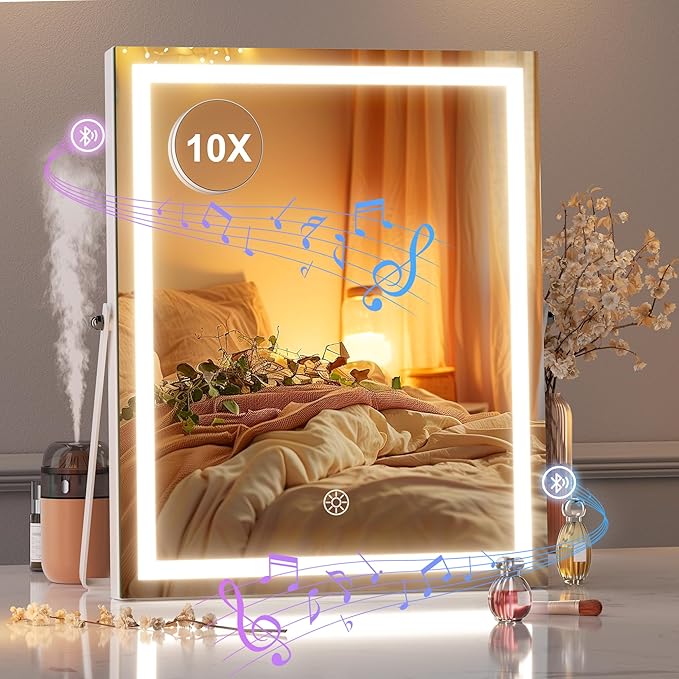 Hasipu Vanity Mirror with Lights and Bluetooth Speaker, 11.4" x 13.8" LED Makeup Mirror with 10X Magnification, Smart Touch 3 Colors Dimmable, Brightness Adjustment, 360° Rotation, White
