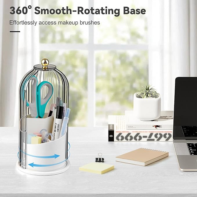 360° Rotating Makeup Brush Holder with Lid, Waterproof Three-Compartment Makeup Organizer, 180° Side-Pull Door Desk Organizer, Dustproof Brush Holder for Vanity and Bathroom (Grey)