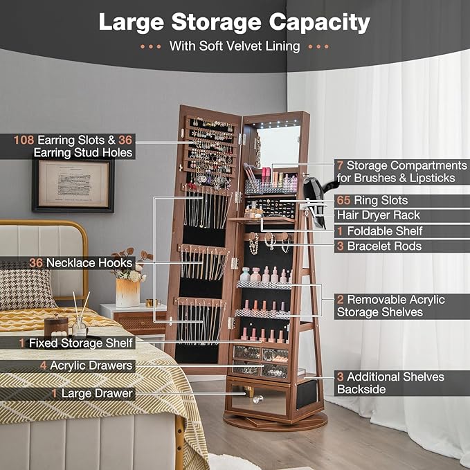 CHARMAID 360° Swivel Jewelry Cabinet Armoire 64.5" H, Full Length Mirror with Jewelry Storage, 6 LEDs Lockable Jewelry Organizer, Rear Storage Shelves, Large Drawer, Hairdryer Holder (Walnut)