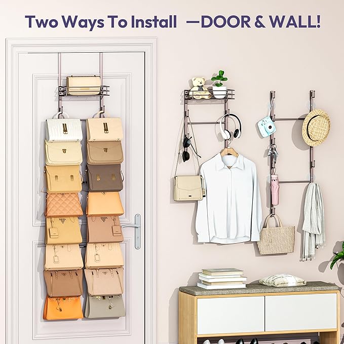 SWTYMIKI Over The Door Purse Organizer - Wall Mounted Handbag Organizer with 16 Hooks and Metal Basket, Hanging Purse Storage Rack Holds up to 16 Bags, Bag Rack Can Use As 1/2 Part, for Door, Closet