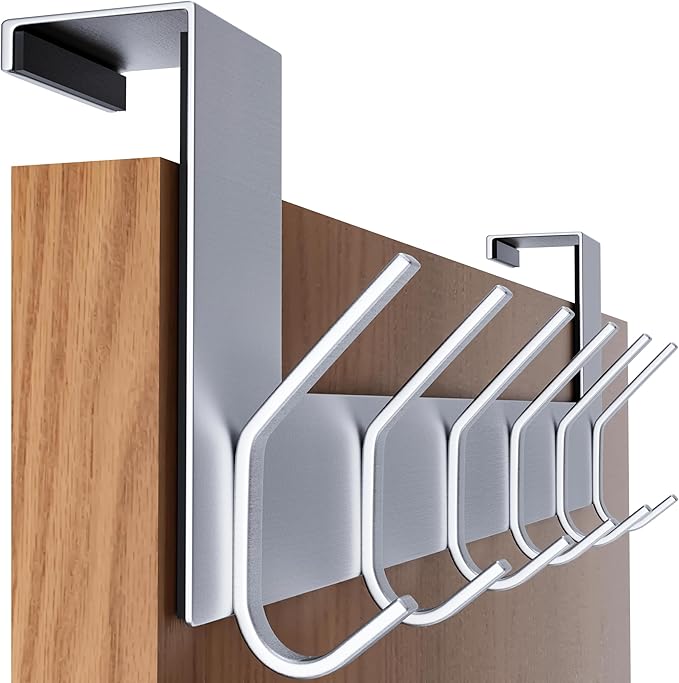 SKOLOO Over The Door Hook - for Doors up to 1-3/4'' Thickness, Brushed Nickel, No Assembly Required, Stainless Steel, Door Coat Rack for Entryway & Bathroom Hanging Coats, Backpack, Robes, Towels