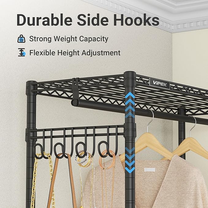 VIPEK R2C Heavy Duty Rolling Garment Rack with Cover, Portable Closets with Double Rods & Lockable Wheels, Covered Clothing Rack for Hanging Clothes, Black Rack with Black Upgraded Polyester Cover
