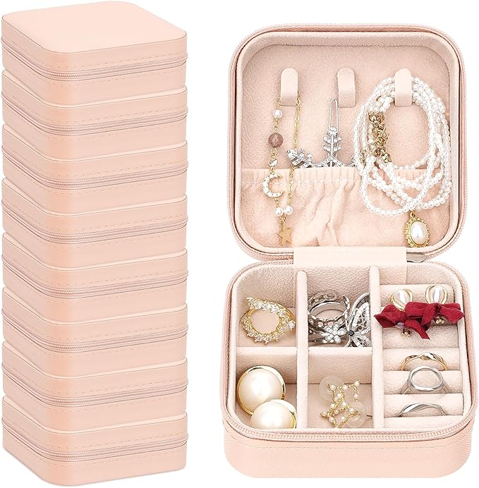 Leezmark 8 Pcs Jewelry Travel Case, Bridesmaid Gifts Set Of 8, Velvet Portable Jewelry Travel Organizer Small Bridesmaid Proposal Gifts Box Mini Organizer Storage Box, Light Pink