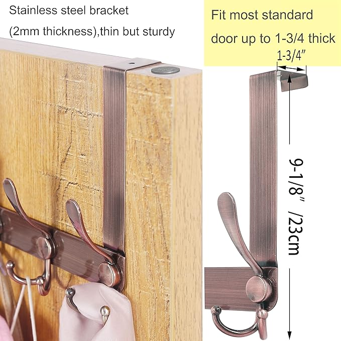 WEBI Over The Door Hook,Door Hanger Hook Rack with 5 Tri Hooks for Hanging,Over Door Towel Rack Door Coat Hanger Door Coat Rack for Bathroom,Behind Back of Door,Antique Copper,2 Packs