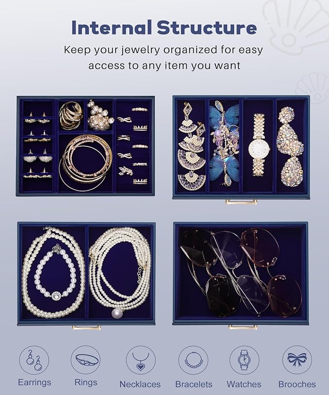 Jewelry Box with 3 Drawers: Display Organizer for Earrings Necklaces - Gifts for Girls Women (Dark Blue)