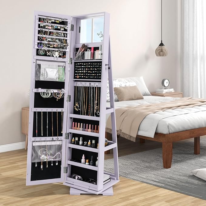 CHARMAID 360° Swivel Jewelry Armoire with Full Length Mirror, Standing Lockable Jewelry Cabinet Organizer, Large Storage Capacity, Inside Makeup Mirror, Back Storage Shelves (Lavender)