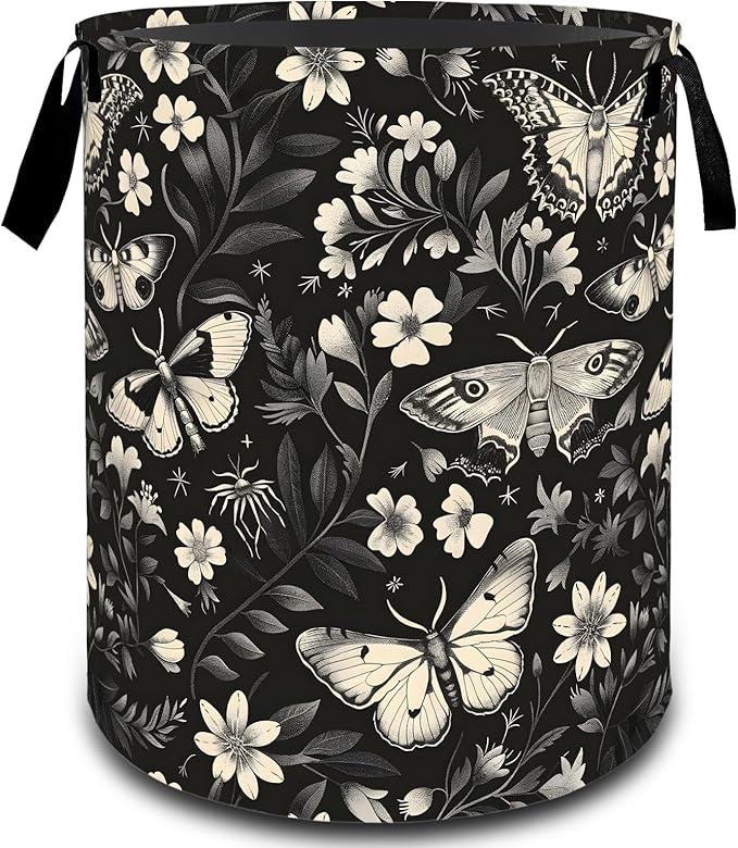 Vintage Butterfly Moth Floral Laundry Basket, Dirty Collapsible Clothes Toy Organizer Hamper for Kids Adults, Oxford Cloth Waterproof Storage Bin for Room Bathroom Home Decor Gifts, 19.7"X15.7"