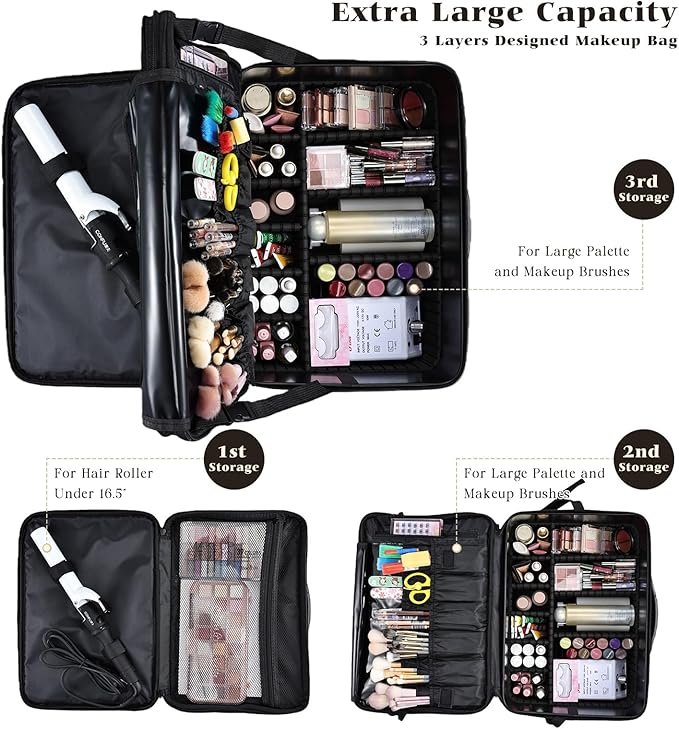 Costravio Makeup Bag Organizer Large Makeup Case Backpack Professional 2 Layers Cosmetic Storage Organizer Brush Slot with 3 Clear Set Bags for Makeup Artists with Shoulder Strap Adjustable Dividers