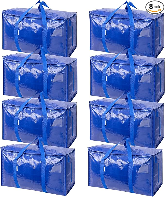 TICONN 8 Pack Extra Large Moving Bags with Zippers & Carrying Handles, Heavy-Duty Storage Tote Moving Boxes for Space Saving (8 PK, 18 Gallon)