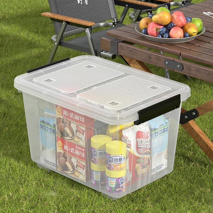 50 L Plastic Storage Bin with Wheels, Large Clear Latching Storage Box, 4 Pack