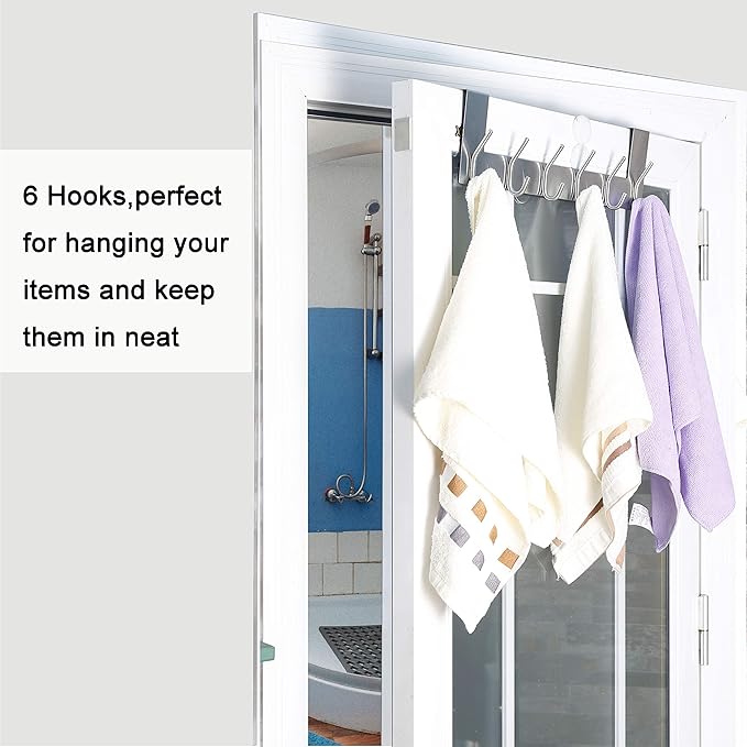 WEBI Over The Door Hooks:Door Hanger Over The Door Towel Rack,Door Coat Towel Hanger Door Coat Rack 6 Hooks for Hanging Clothes,Jacket,Hats,Bathroom,White