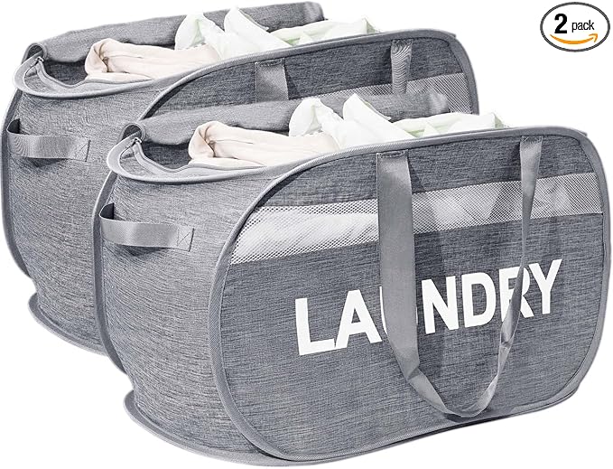 Collapsible Laundry Basket 2 pack, Foldable Pop Up Grey Laundry Baskets Mesh with Lid & Handle, Pop Up Collapsible Laundrys Hamper, Fabric Laundrys Baskets for Dorm, Travel, Bathroom