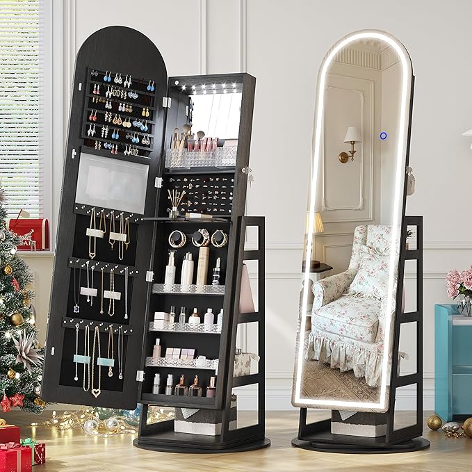 LVSOMT LED Mirror Jewelry Cabinet Standing, Lockable Jewelry Armoire with Arched Full-Length Mirror and Adjustable LED Lights, Space-Saving Jewelry Organizer with Mirror(Black)