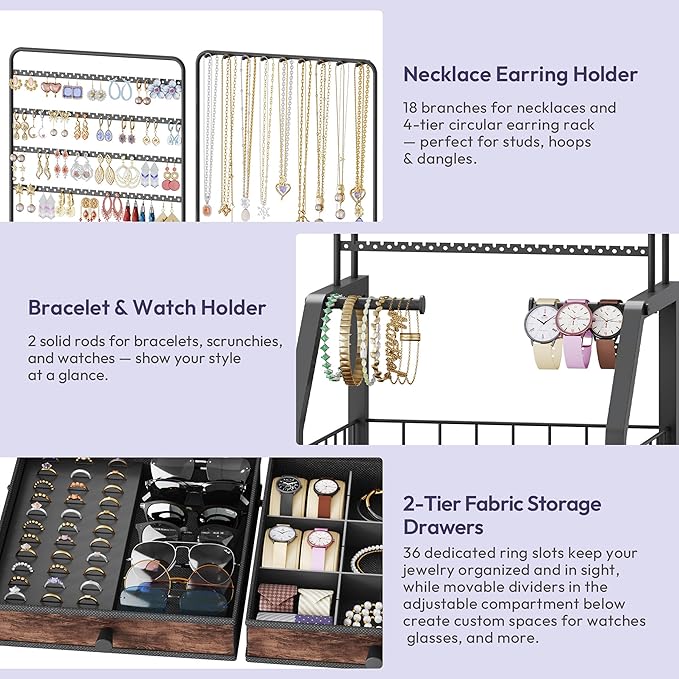 SWTYMIKI Large Jewelry Organizer Stand - Multifunctional Rack Tower for Necklace, Earring, Ring & Bracelet Display - Moveable Storage Jewelry Holder Stand with 4 Nonwoven Drawers for Bedroom Espresso